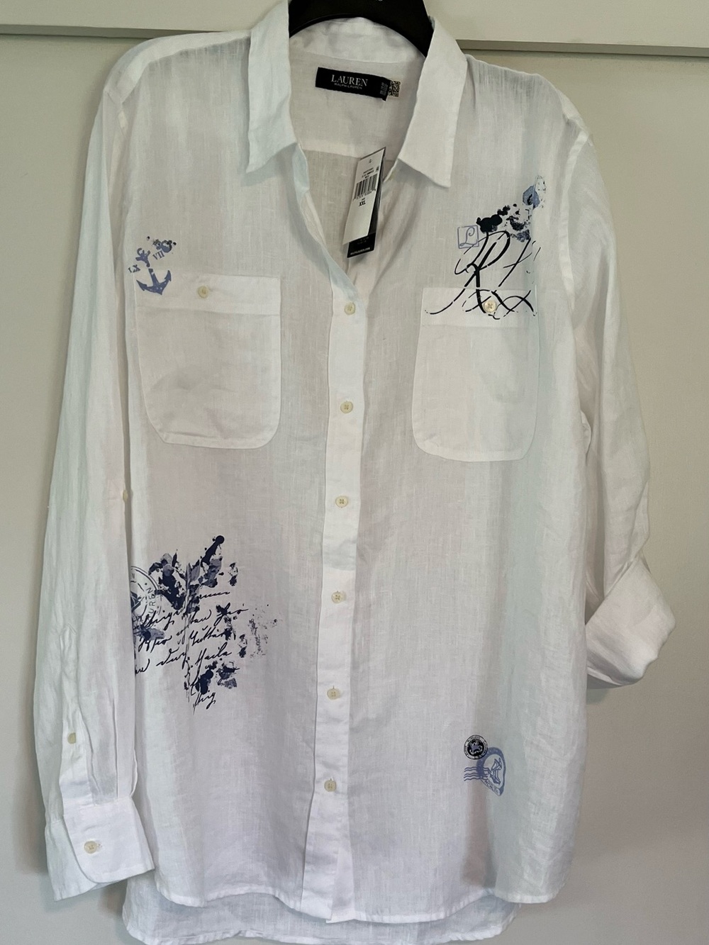 Lauren Ralph Lauren White Linen Button-Down Shirt with Navy Graphic Details